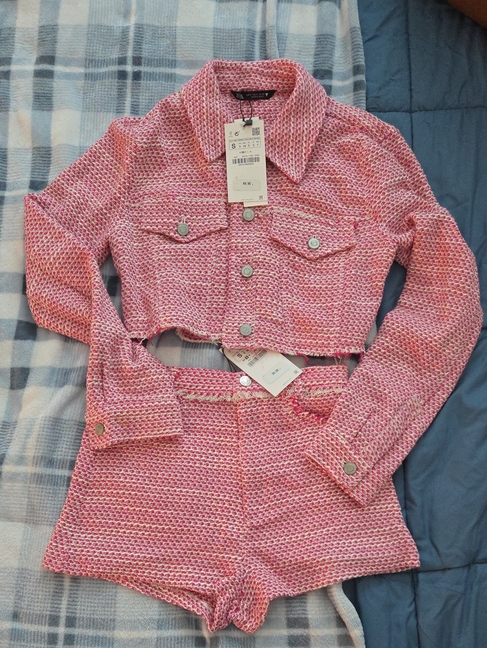 Zara Pink Cropped Knit Tweed Jacket With matching short